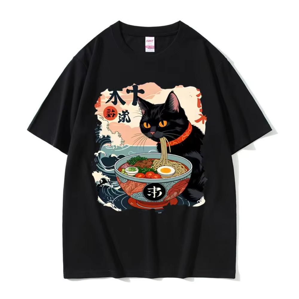 Anime Ramen Katt Rolig Meme T-shirt Vintage Japansk Kawaii Nudel Katter Grafisk T-shirt Herr Dam Mode Casual Bomulls T-shirt