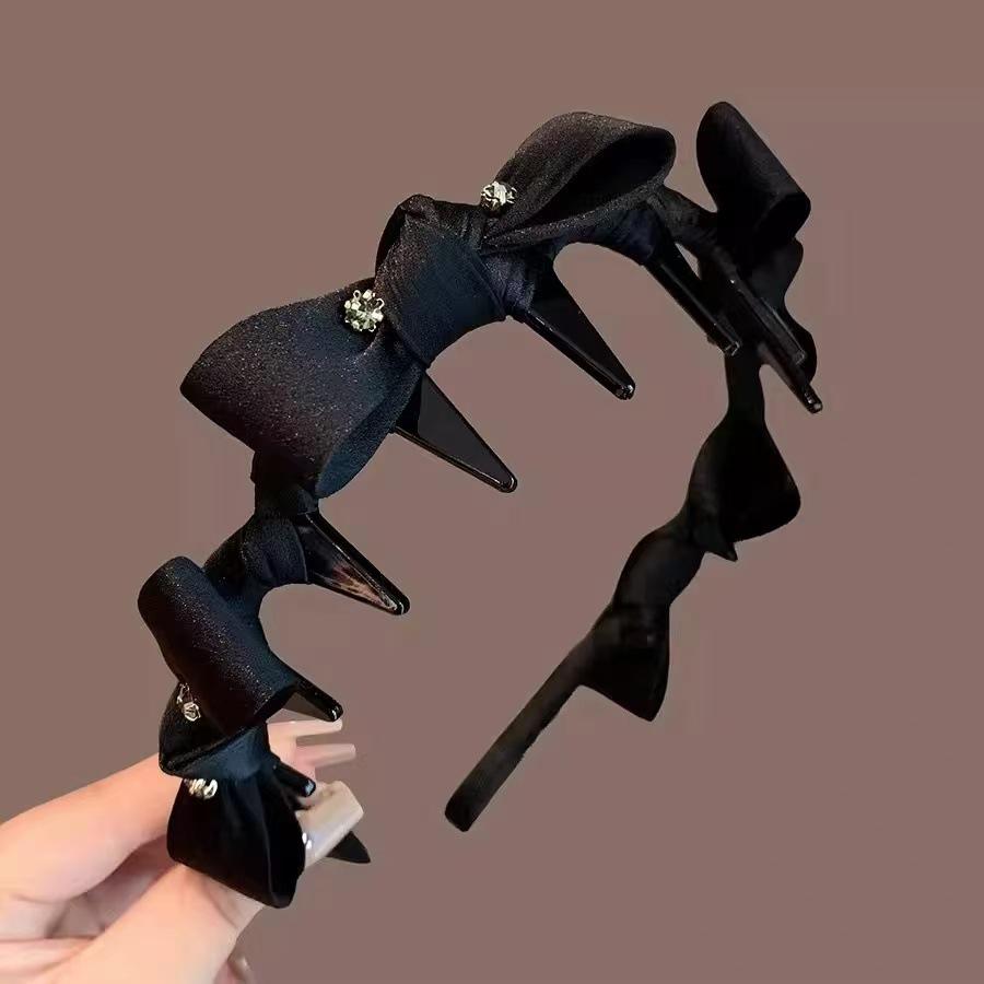 Ретро Черная Повязка на Голову с Блестящим Бантом и Зубцами, Нескользящая, Волнистая