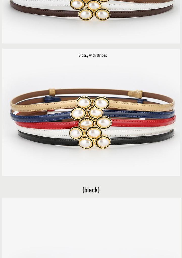 Ladies' Pearl Inlaid Adjustable Genuine Leather Belt - Trendy and Versatile for Dresses & Pants