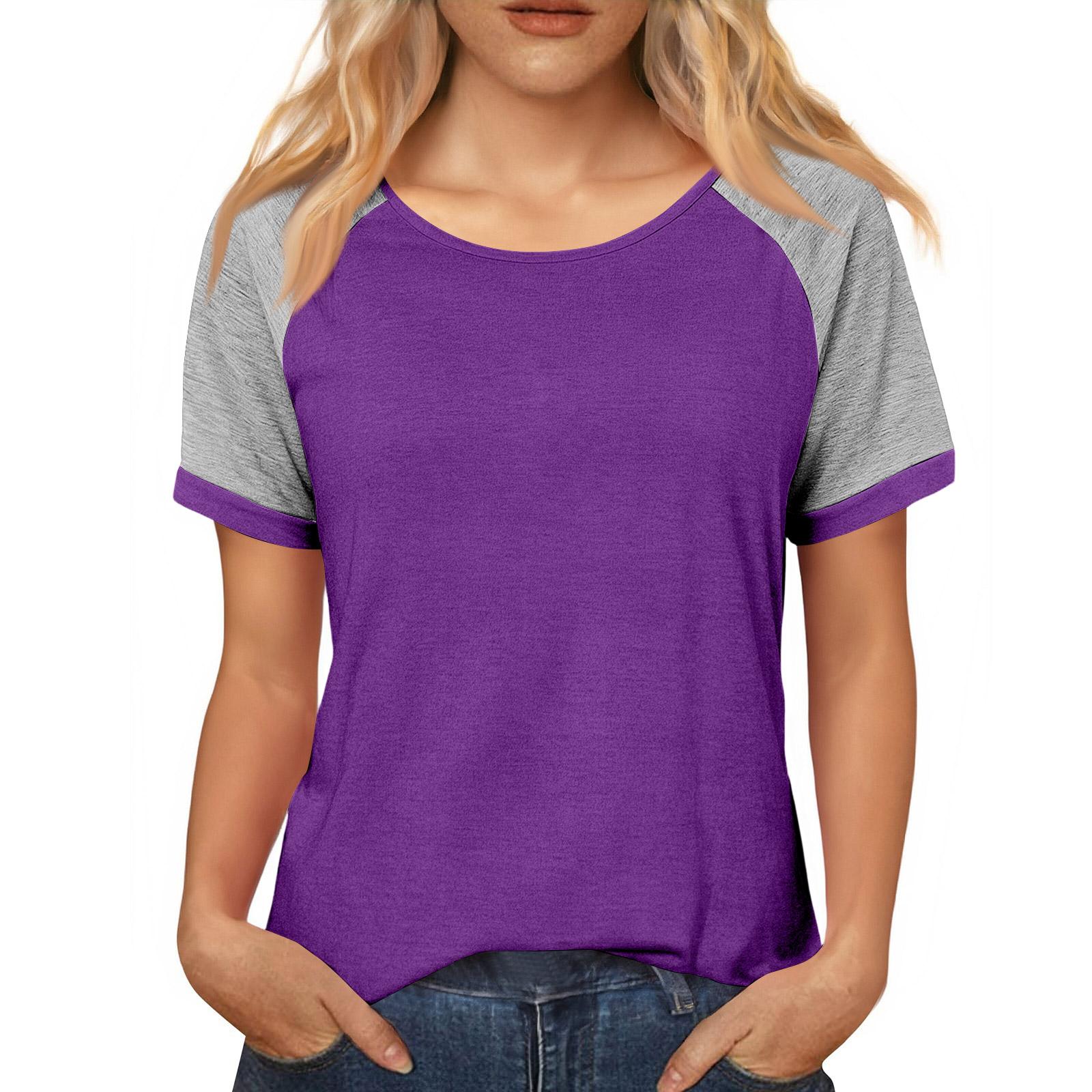 Women s Casual Loose Contrast Color Stitching Round Neck Short Sleeve Top XL фиолетовый