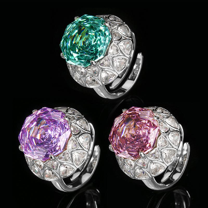 Jewelry Copper Bottom Gold-Plated Rose Cut Colorful Treasure Temperament Retro Ring Heroine Stone 14Mm