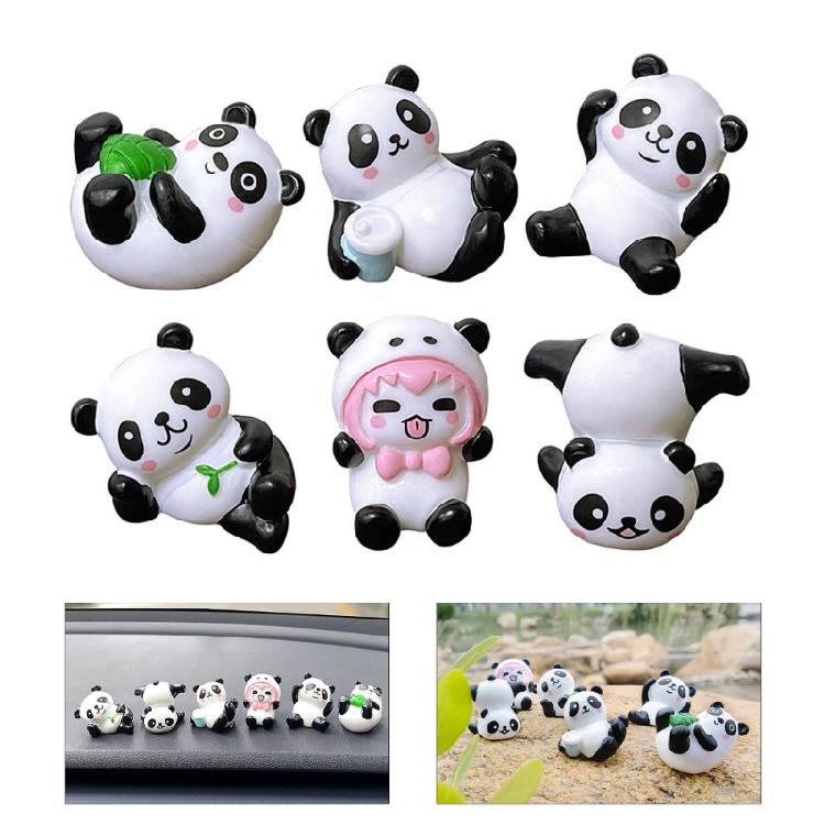 6 Pack Cartoon Panda Figurines Small Animal Models Miniatures Ornaments for Cake Toppers and Car Decors Accessories
