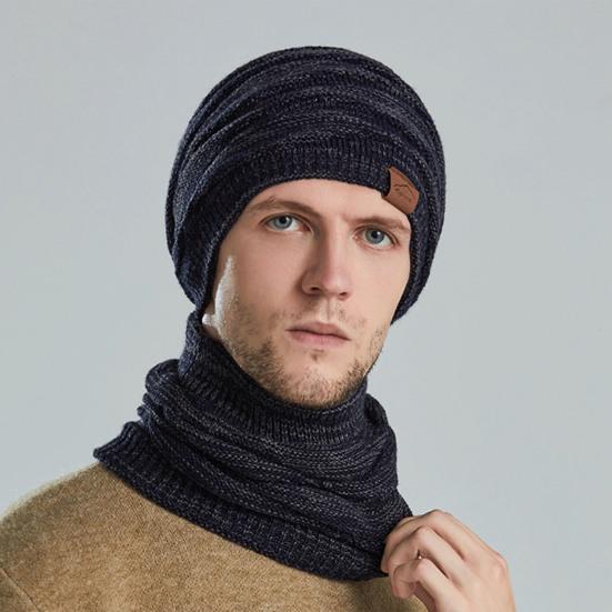 2Pcs/Set Adults Neck Warmer Hat Solid Color Thickened Stretchy Thermal Windproof Keep Warm Super Soft Autumn Winter Men Women