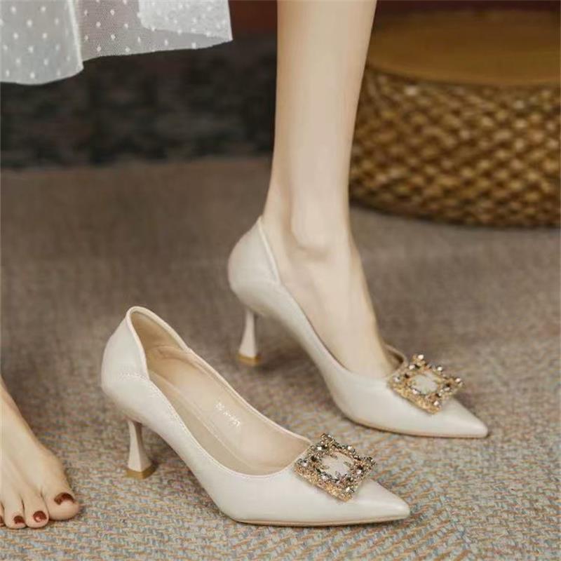 Summer Fashion Versatile Rhinestone High Heels Women's 2025 New Pointed Thin Heel Soft Leather Soft Sole Temperament Bridesmaid Shoes