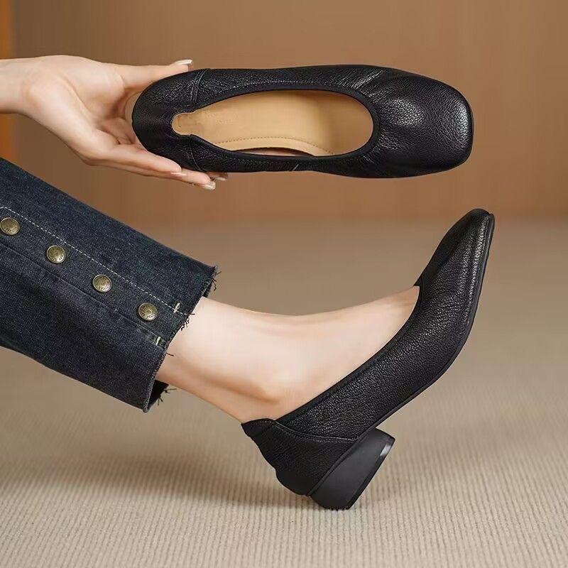 

Comfortable Commuting Leather Shoes, French Style Shallow Low-Heel Single Shoes, Popular Women s 2026, Soft Sole Granny Shoes 35 чёрный