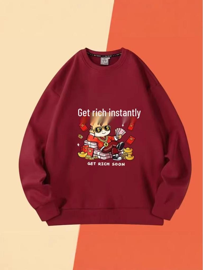 Felpa con cappuccio unisex in velluto rosso vino Anno del Cavallo: Stile Cinese Autunno/Inverno Ispirato allo Zodiaco