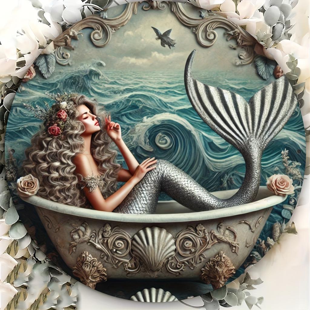 Waterproof Mermaid Metal Wall Art - Oceanic Bliss, Classic Style Round Decorative Sign for Indoor/Outdoor Home and Office Decor