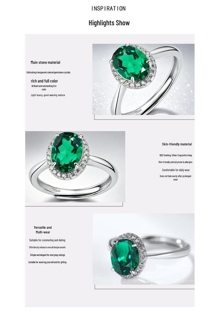 Women's 925 Sterling Silver Open Ring with Cultured Emerald - Elegant Daily Gift