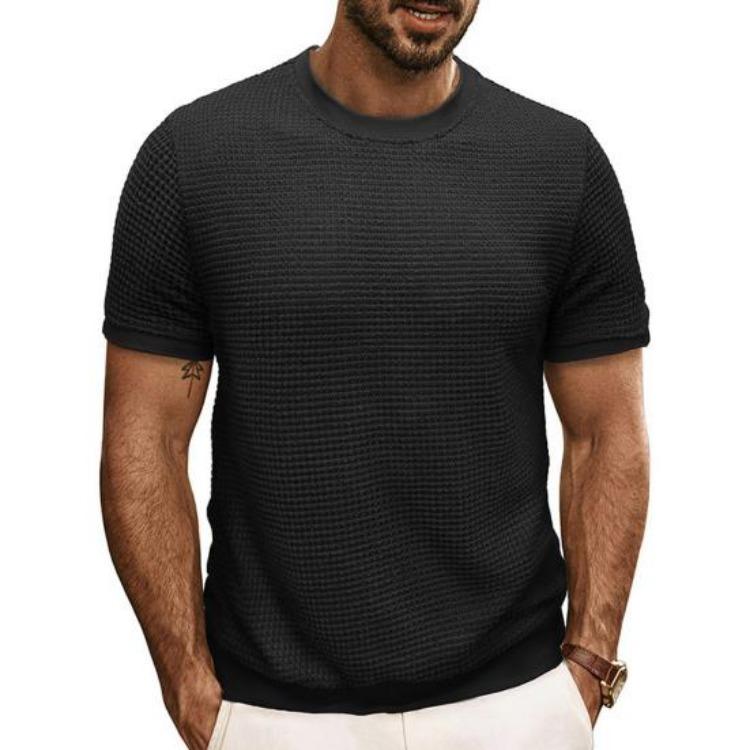 Summer Slim Fit Ribbed Elastic T-shirt Men Casual Knitted Round Neck Short Sleeves Pullover Solid Color Daily Tops Clothes