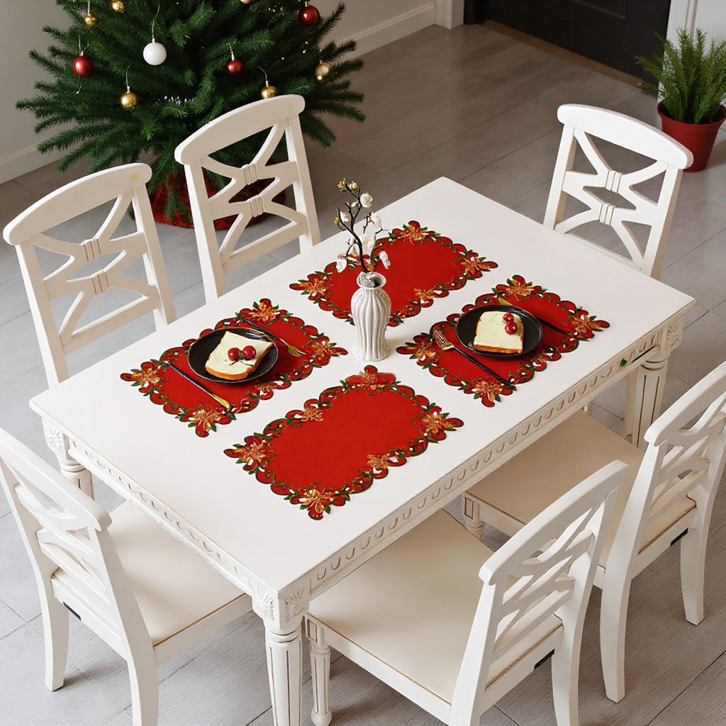 4 Stück Weihnachtliche Gestickte Blumen Rechteckige Tischsets 11,02x16,93 Zoll Rot und Grün Platzsets Tischdecke für Zuhause und Küche