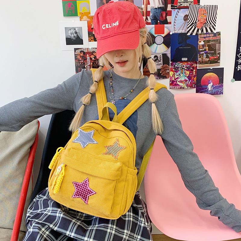 Corduroy Backpack Women'S Style Solid Color Versatile Star Schoolbag Female Middle School Student Small Backpack