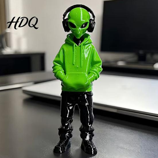 Niche Trendy Desk Toy 3D Printed Alien Figurine with Hoodie And Headphone Desktop Home Office Accent Ornament Cyber Style Statue for Gaming