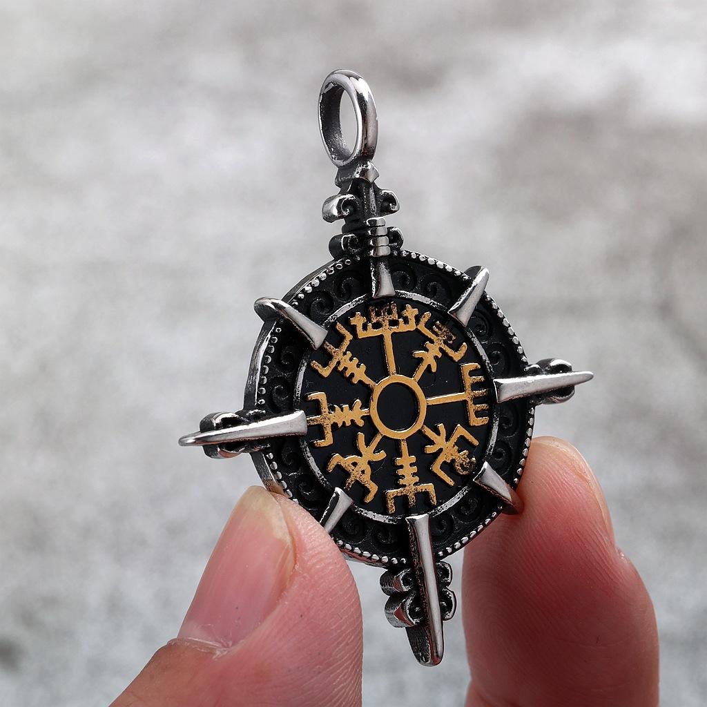 Vintage Nordic Men's Stainless Steel Men's Pendant Viking Compass Rune Necklace Pendant