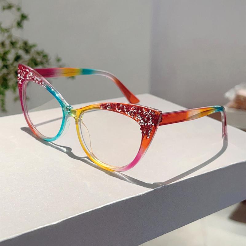 

KAMMPT Fashion Cat Eye Multi Color Frame Women s Trendy Crystal Shiny Glasses Non-prescription Original Brand Design Eyewear