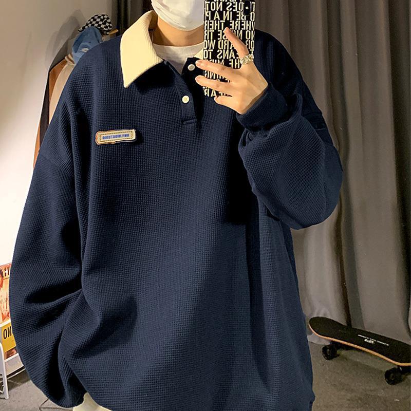 Men's Japanese Oversized Navy Blue Lapel Polo Shirt - Long-Sleeved, Lightweight Summer Sweater, Unisex Design