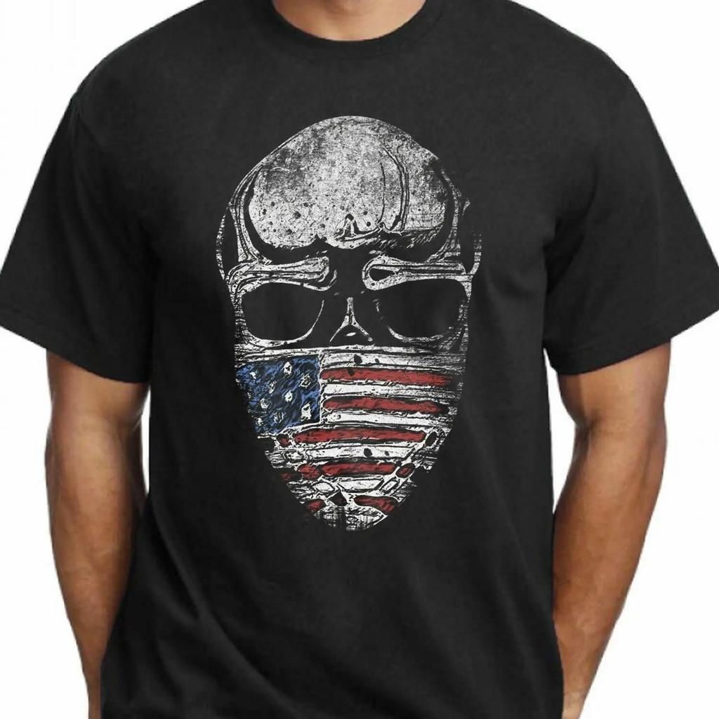 Skull with American Flag Mask T-Shirt Freedom Icon Protest Shirt Black Cotton Short Sleeve O-Ne
