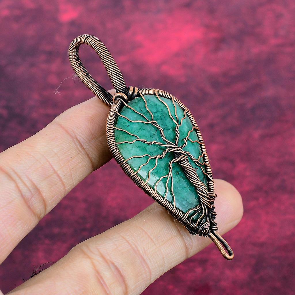 Tree Of Life Faceted Zambian Emerald Pendant Copper Wire Wrapped Gemstone Jewelry