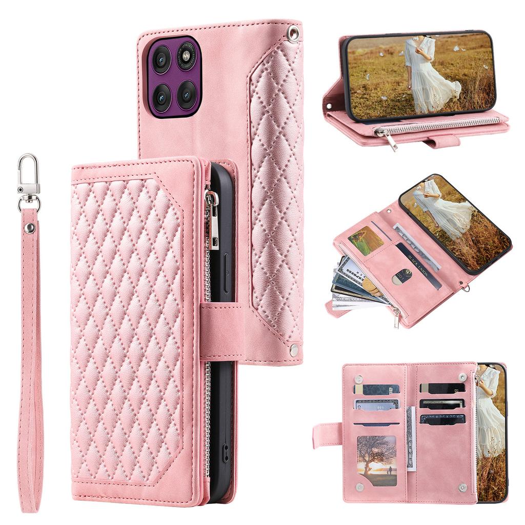 For Motorola Moto G56 5G Wallet Case Rhombus Stitching Line PU Leather Phone Cover with Wrist Strap