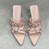 Fashion Liyke Woman Designer Metal Rivet Narrow Band Pointed Toe Low Thin Heels Slippers Sandals Summer Party Dress Shoes Mules Slides