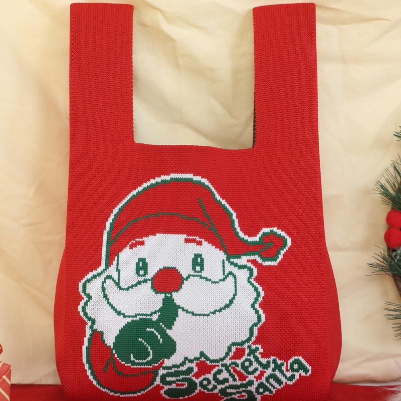 

Christmas Storage Bags Knot Wrist Handbag Santa Claus Snowman Elk Handmade Knit Handbags Casual Tote Bag Reusable Shopping Bags