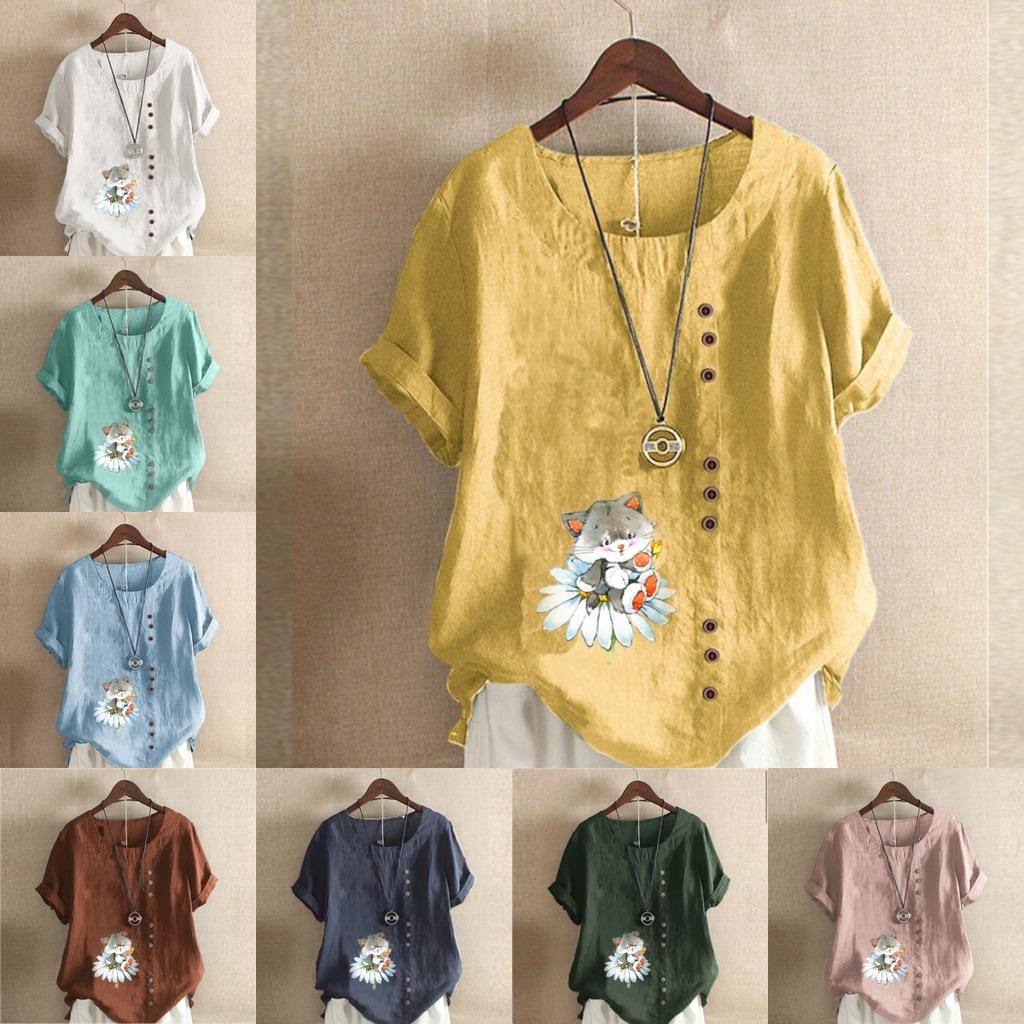 Camiseta de manga corta con estampado de gato para mujer, camisa holgada de algodón, blusa informal holgada de verano