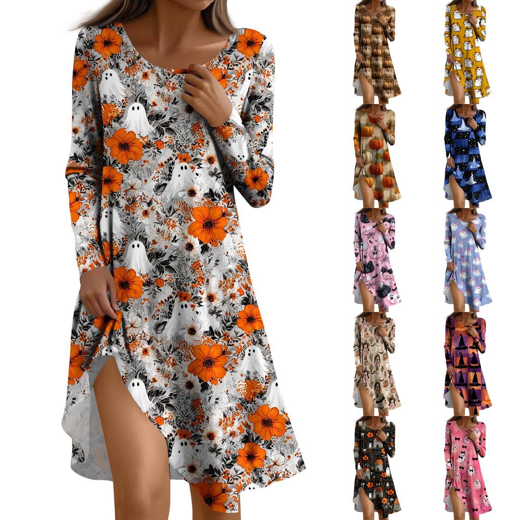 Long  Sleeve Dress For Women Casual Loose Fit Print Dress With Pockets