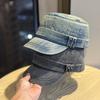 Old Retro Denim Flat Top Hat Women's Spring and Summer New Washed Face Small Peaked Hat Out of the Film Trendy Hat Men