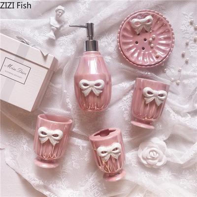 Bowknot Bathroom Kit Mouthwash Cup Soap Dispenser Soap Dish Ceramic Wash Set Toothbrush Holder Hotel Bathroom Accessories Set