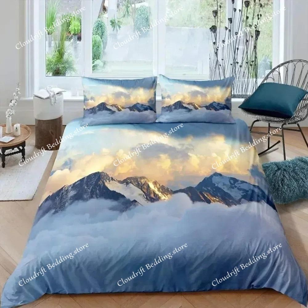 Snow Mountain Duvet Cover Set 3D Sea Waves Bedding Set Landscape King Size Comforter Cover Nature Scenery Polyester Quilt Cover
