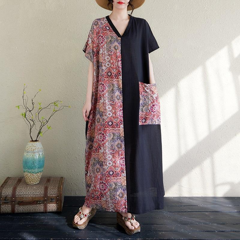 Short sleeve Plus size Cotton vintage floral new in dresses for women casual loose maxi long summer dress