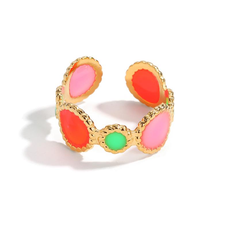 Best-Selling Retro Hong Kong Style 18K Gold Open Ring with Geometric Color Block Enamel and Colorfast Titanium Steel