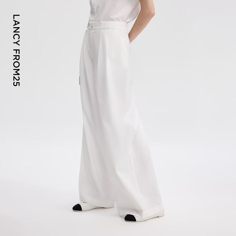 LANCY White 3D Pleated Wide-Leg Trousers