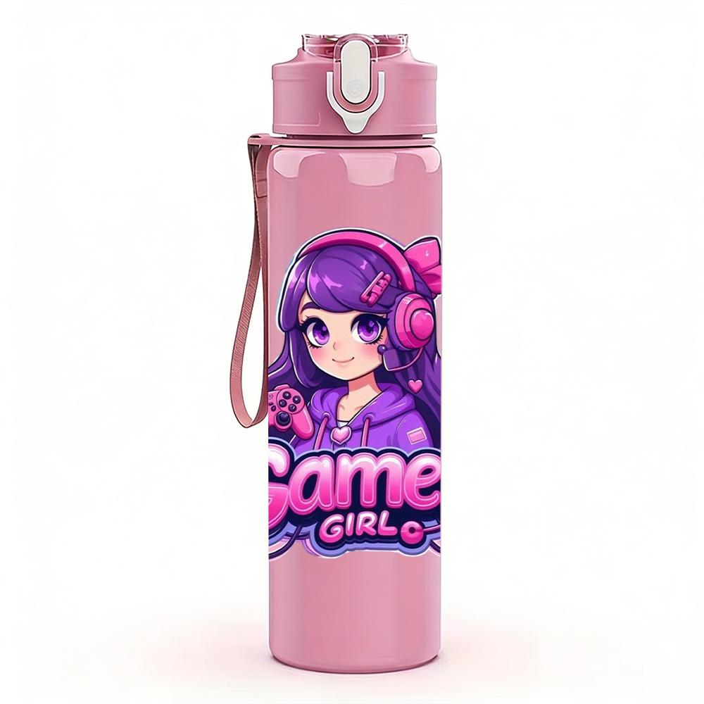 1PC Purple Hair Gamer Girl Cartoon 750ml Color Plastic Sports Water Bottle Leakproof Flip Straw Lid Suitable for Sports Office Home Use