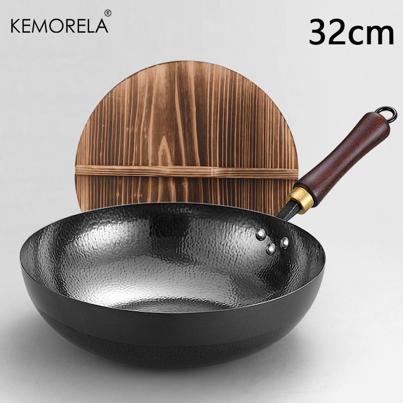 32/34CM Iron Wok Cast Iron Pan Non-coated Pot General Use For Gas And Induction Cooker Chinese Wok Cookware Pan