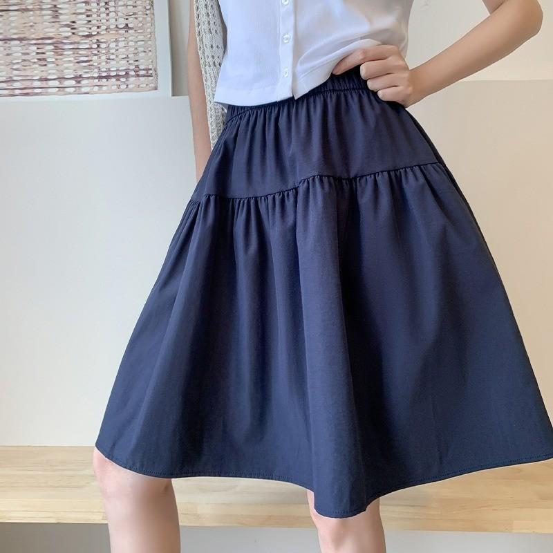 

Qooth Casual Summer A line Sweet Mid Slim Skirt Splicing Campus Elastic Waist Bud Skirt QT2704 XL синий