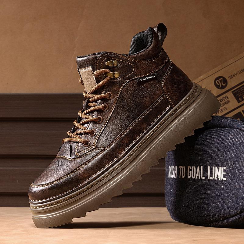 High-top New Autumn and Winter Leather Sports Casual Board Shoes, Youth Thick-soled Wear-resistant Black Shoes