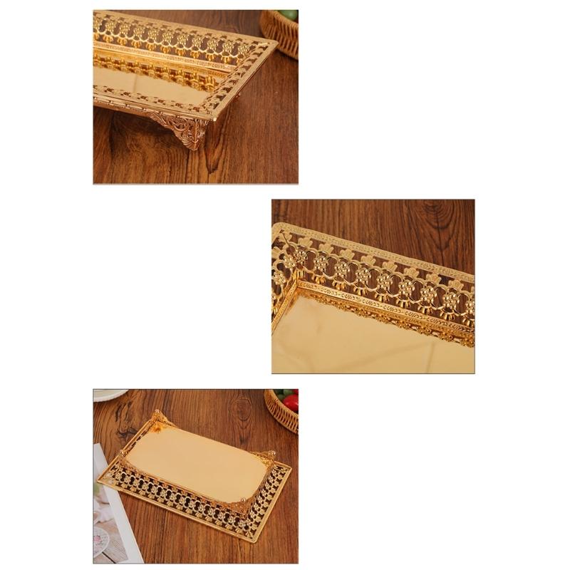 Multipurpose Decorative Iron Tray with Hollow Out Gold Pattern and Rectangular Shape for Fruit and Object Presentation