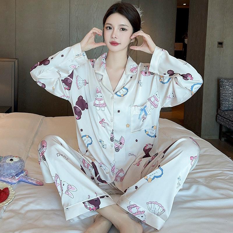 Silky Ice Silk Pajamas Women'S Spring And Autumn Cartoon Jiyika Wow Small Eight Long-Sleeved Casual Loungewear Two-Piece Set