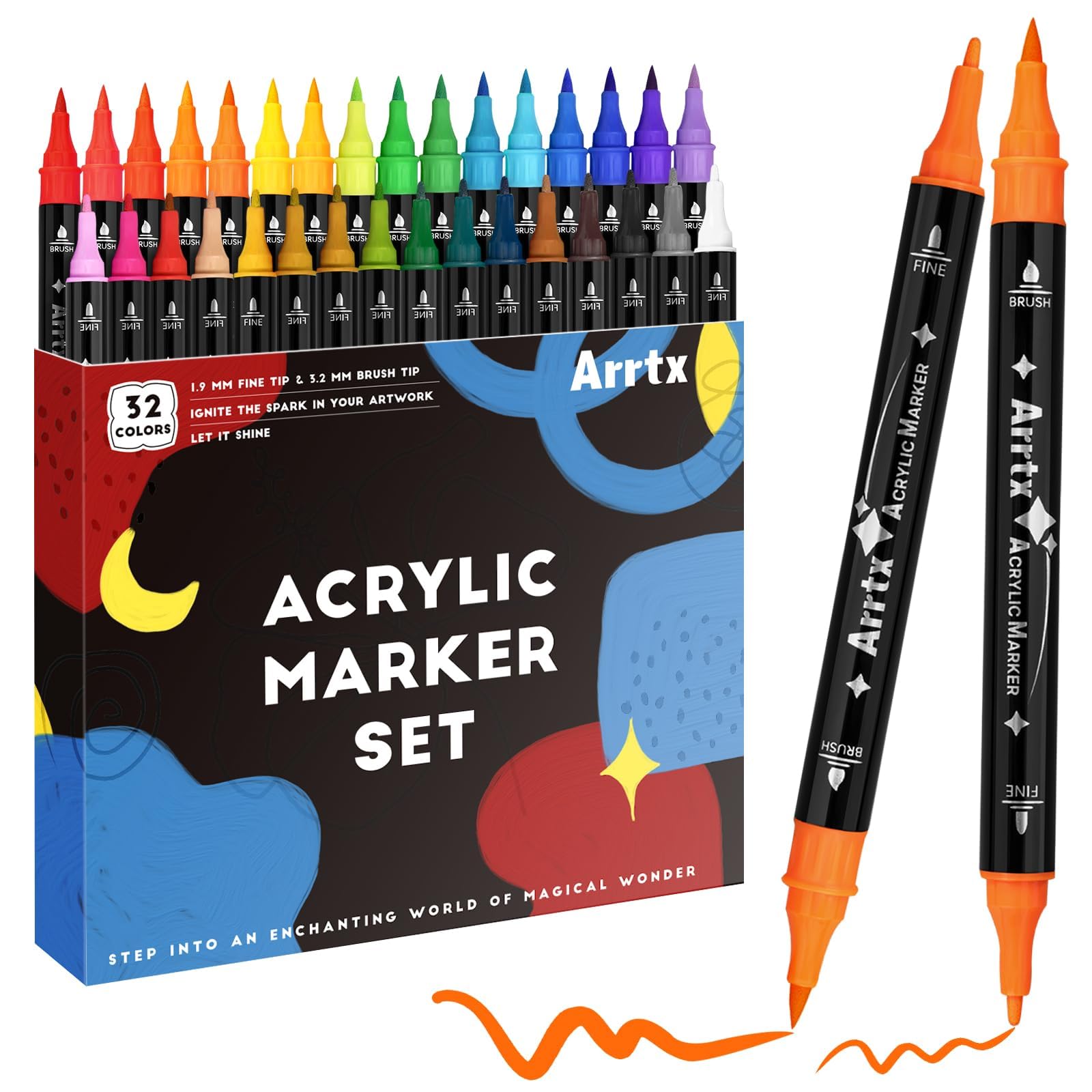 

Arrtx Acrylic Paint Pen Markers 32 Colors Dual Tip Art Markers for Kids and Adults Acrylic Markers for Rock DIY Craft Supplies Painting, Fabric,