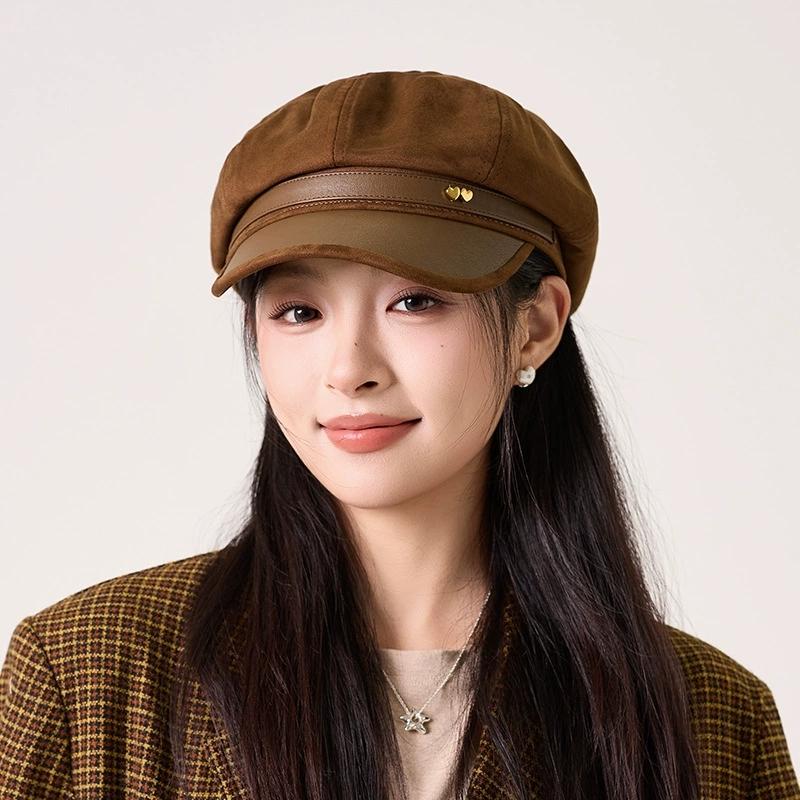 Vintage Heart Label Octagonal Hat for Women New British Retro Velvet Painter's Hat for Spring and Autumn Ladies Casual Cap