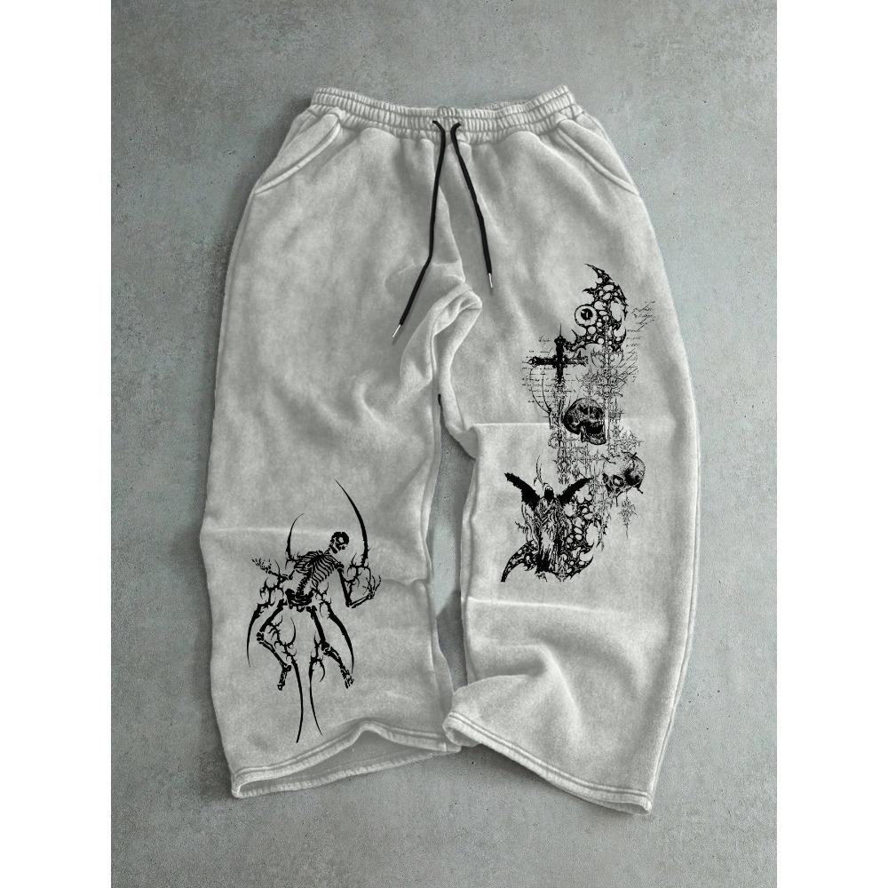 

Men s Casual Straight Leg Pants with Loose Polyester Sports Pants Featuring Dark Gothic Skull Print, Retro Street Style S