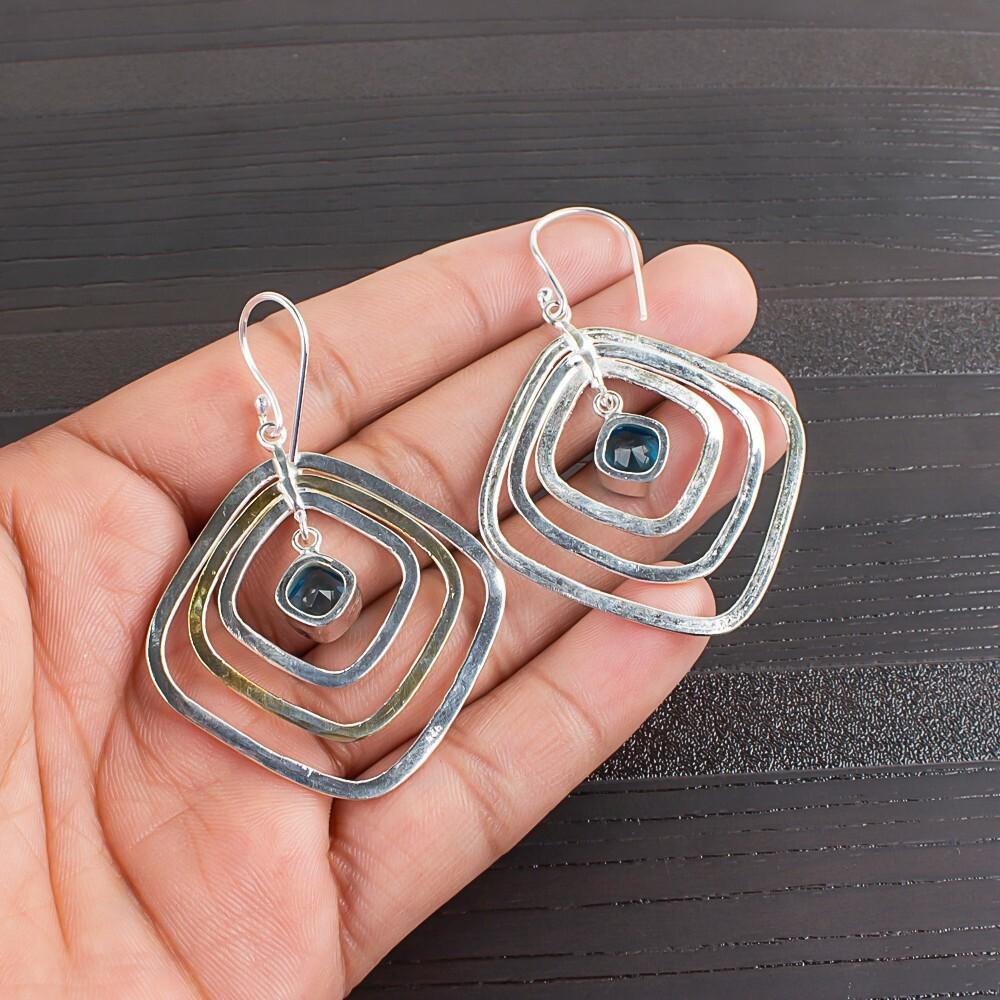 Swiss Blue Topaz Gemstone 925 Sterling Silver Handcrafted Jewelry Earrings 2.44" EE-70-7