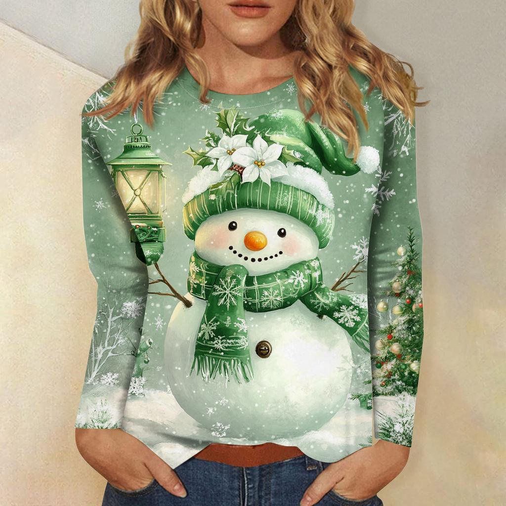 Women's 3D Christmas Snowflake Snowman Printed Round Neck Long Sleeve T-shirt Casual Long Sleeve Top Party Loose Women's Top