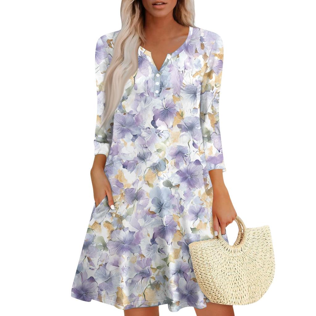 Women's Fashionable V-Neck Button Seven Part Cuff Pocket Floral Dress