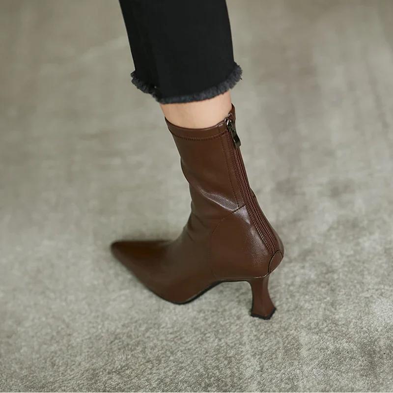

popular Comemore Women Pointy Brown Soft Leather Brown Elastic Short Boots Famele Stiletto Heels Shoes Ladies Ankle Boot Back Zipper 34 37 коричневий