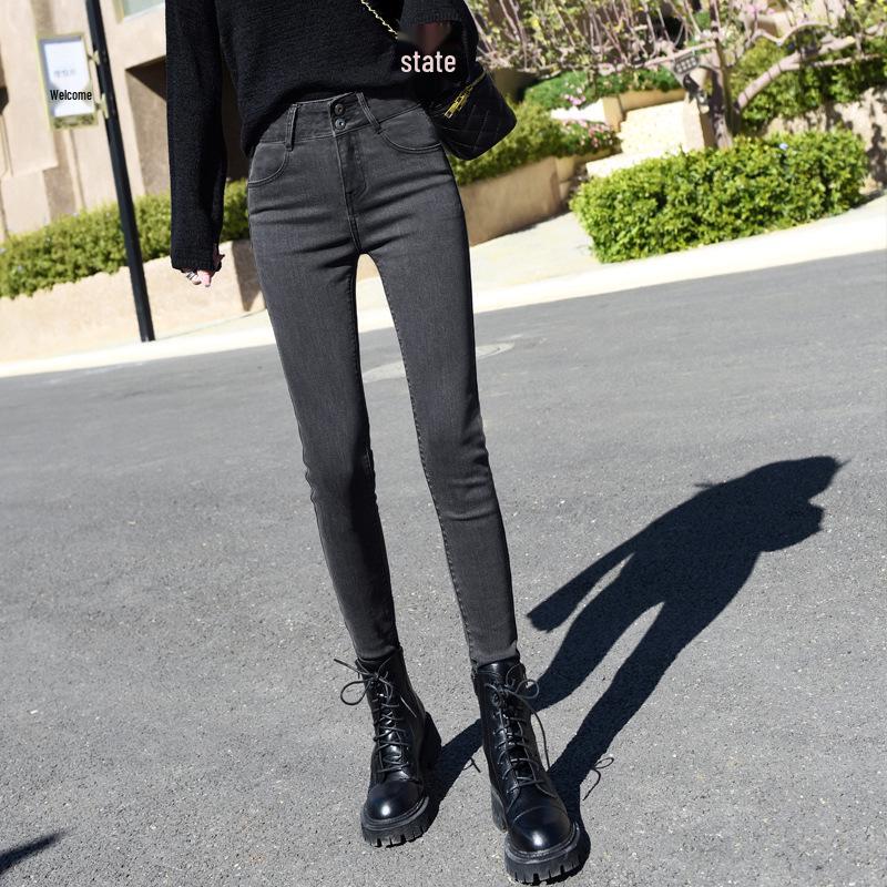 

Женские черно-серые джинсы скинни с высокой посадкой - Утягивающие, эластичные брюки-карандаш с застежкой на две пуговицы 32 черный серый