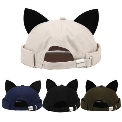 Casual Leopard Print Cat Ears Brimless Hat Adjustable Solid Color Melon Docker Cap Rolled Cuff Docker Cap Unisex