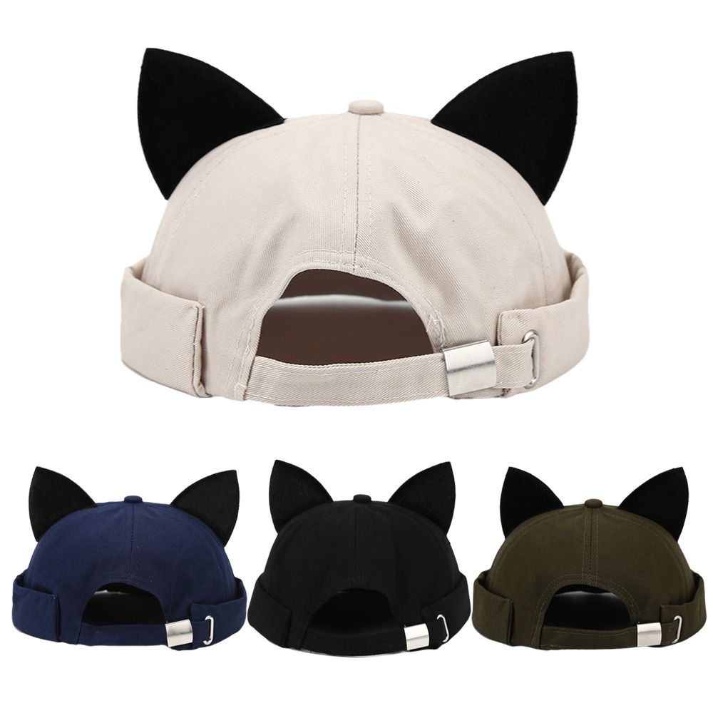 Hip Hop Leopard Print Cat Ears Brimless Hat Rolled Cuff Solid Color Melon Docker Cap Adjustable Cat-eared Hat Outdoor