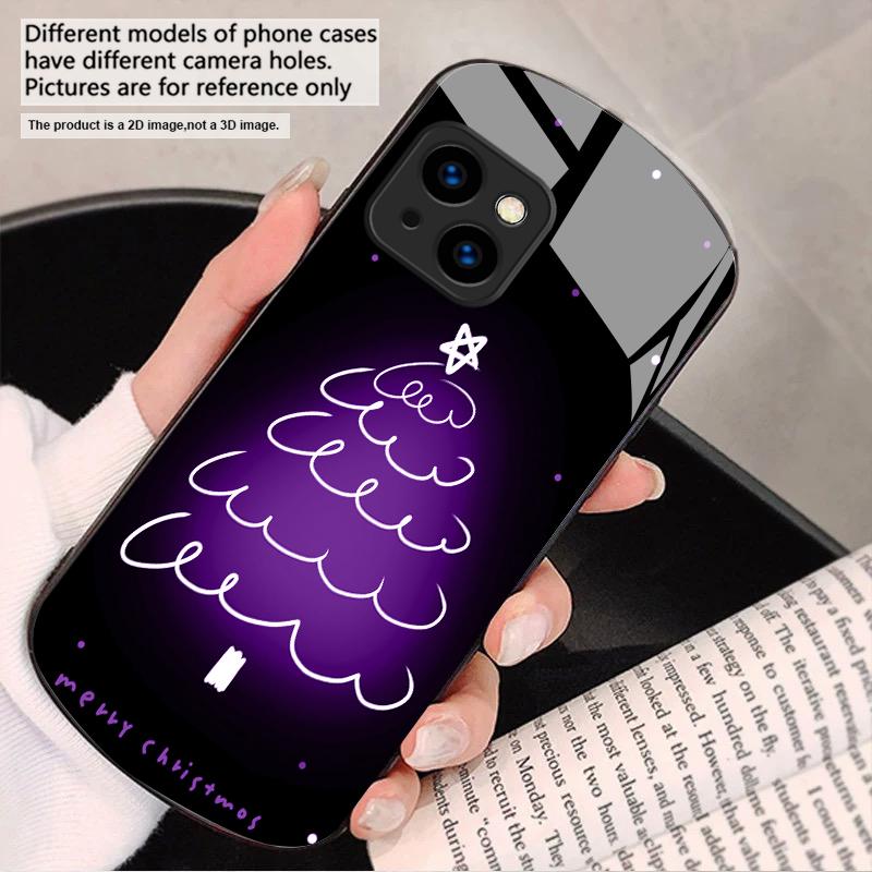 White Line Christmas Tree For iPhone 17 16 15 14 13 Plus 12 Mini 11 Pro Max XR Xs Max X 7 8 6S 22 20 Elliptical Glass Phone Case