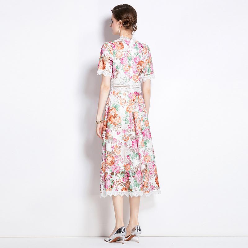 Elegant Floral Print Lace Summer Dress for Women High Quality Hollow Out Short Sleeve Slim Party Dress Robes Femme